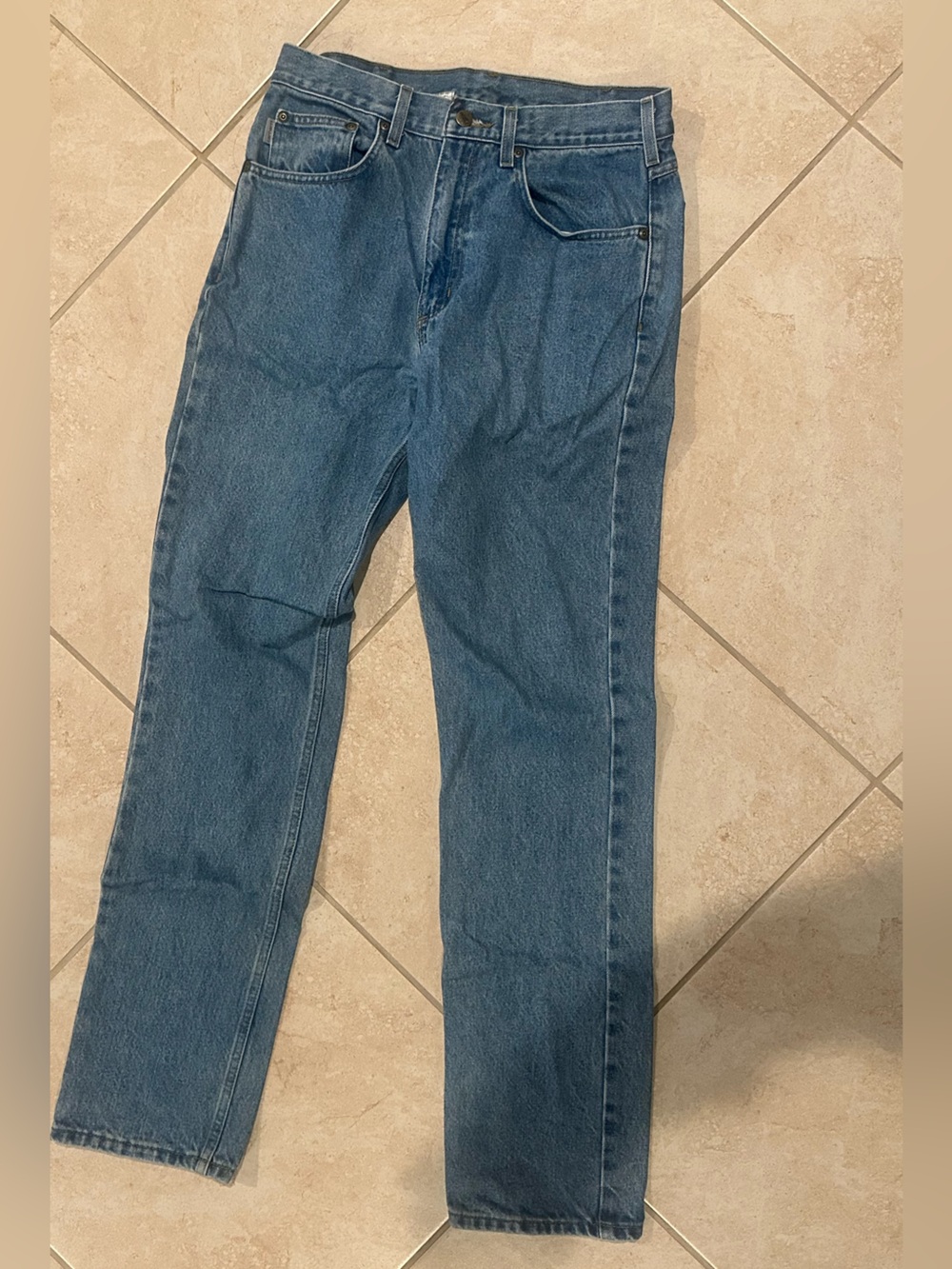 Carhartt Light Blue Denim Overalls with Brown Leather Logo - Picture 3 of 4